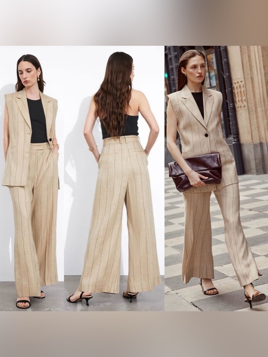 & Other Stories Pants - & Other Stories Wide Linen-Blend Trousers Pinstripe Tan US 4 NWT High Waist